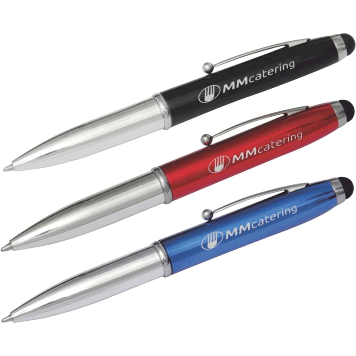 Three Economy 3-Way Stylus Pens in black, red, and blue, featuring a logo on the barrel.