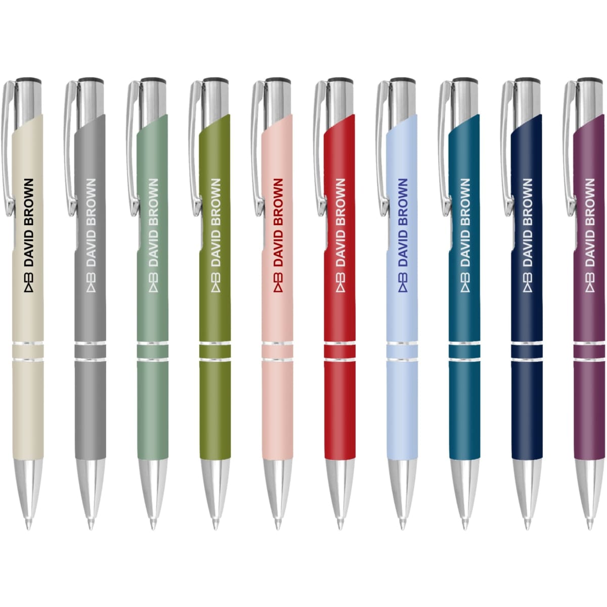 A collection of Argento Matt Pens in various colours including grey, green, pink, blue, and purple, featuring branding.