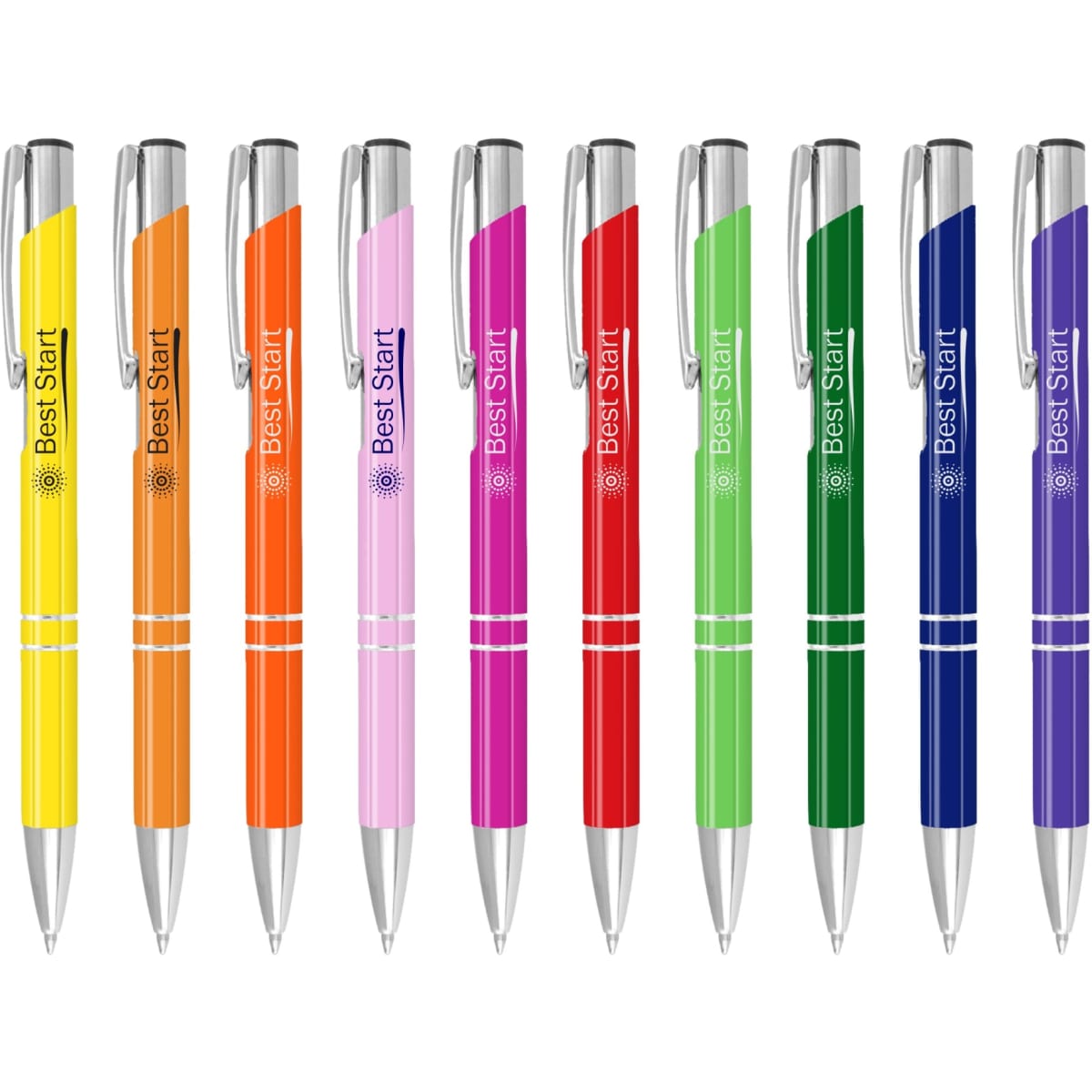 A collection of Argento lacquer pens in yellow, orange, pink, red, green, and blue, featuring silver accents and branding.