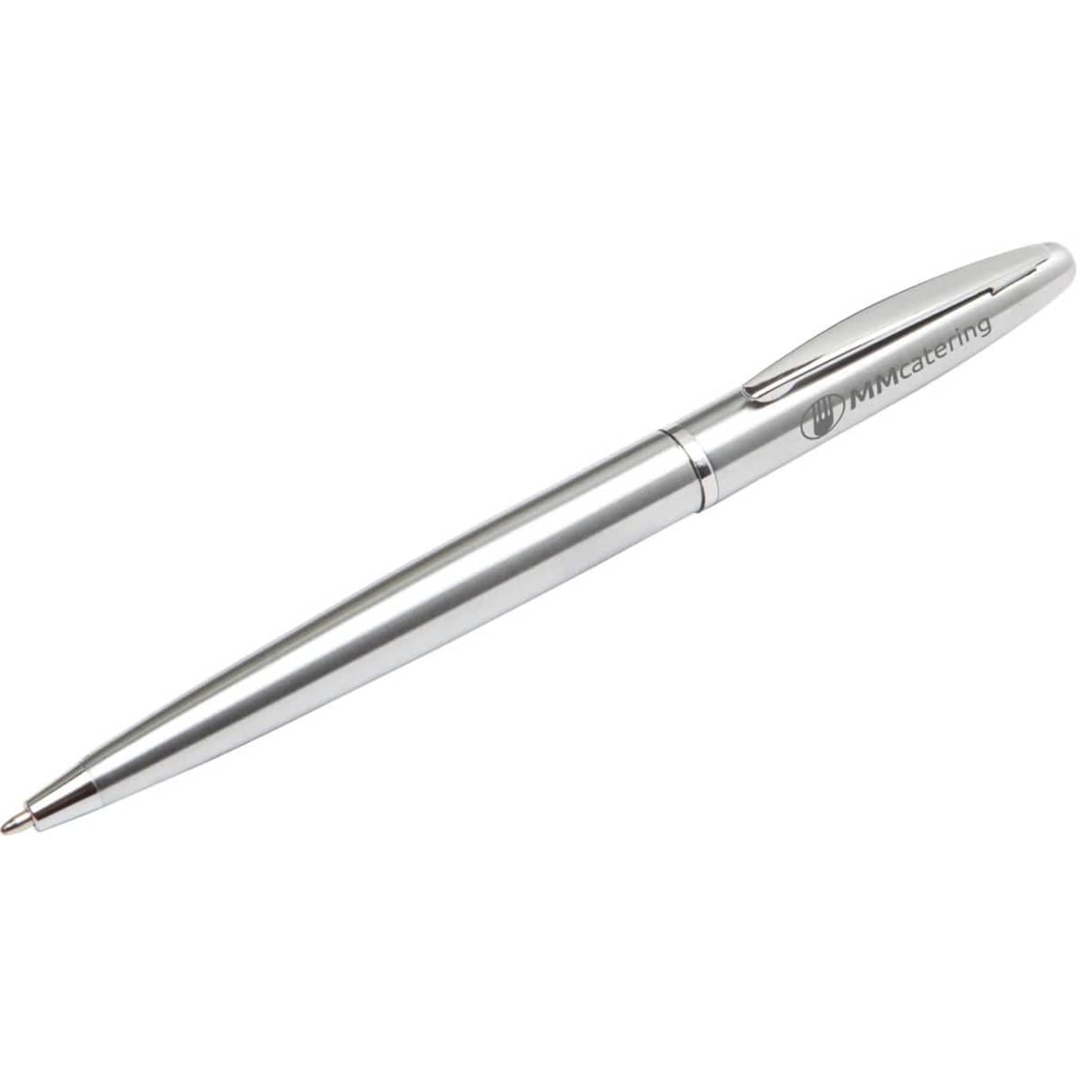 A silver metal pen with a sleek design and a logo on the side.