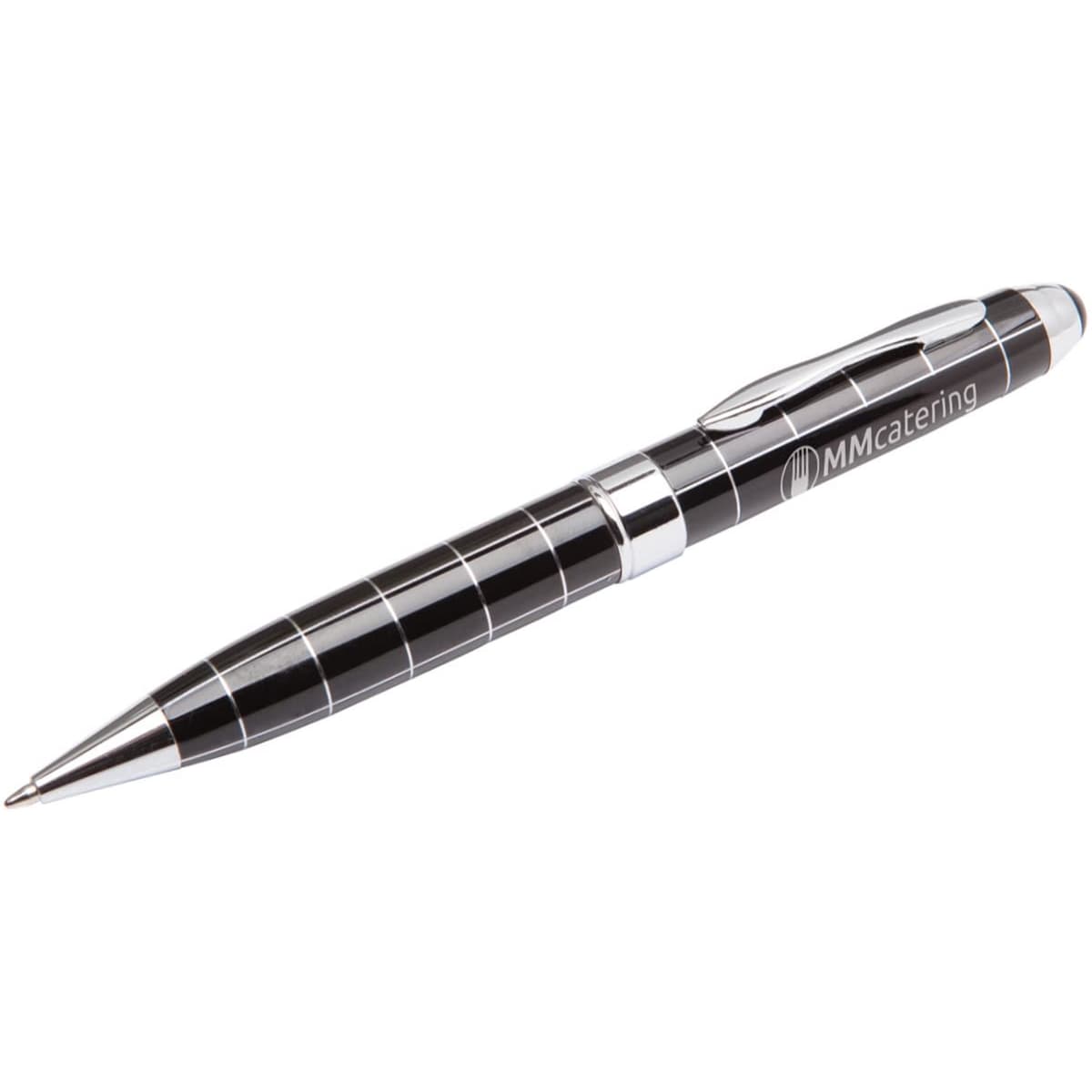 A metal pen featuring a black and silver design with a sleek finish and a logo.