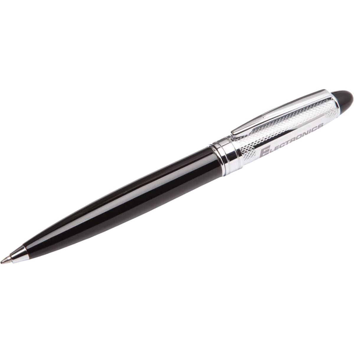 A sleek black metal pen with a chrome grip and a branding logo.
