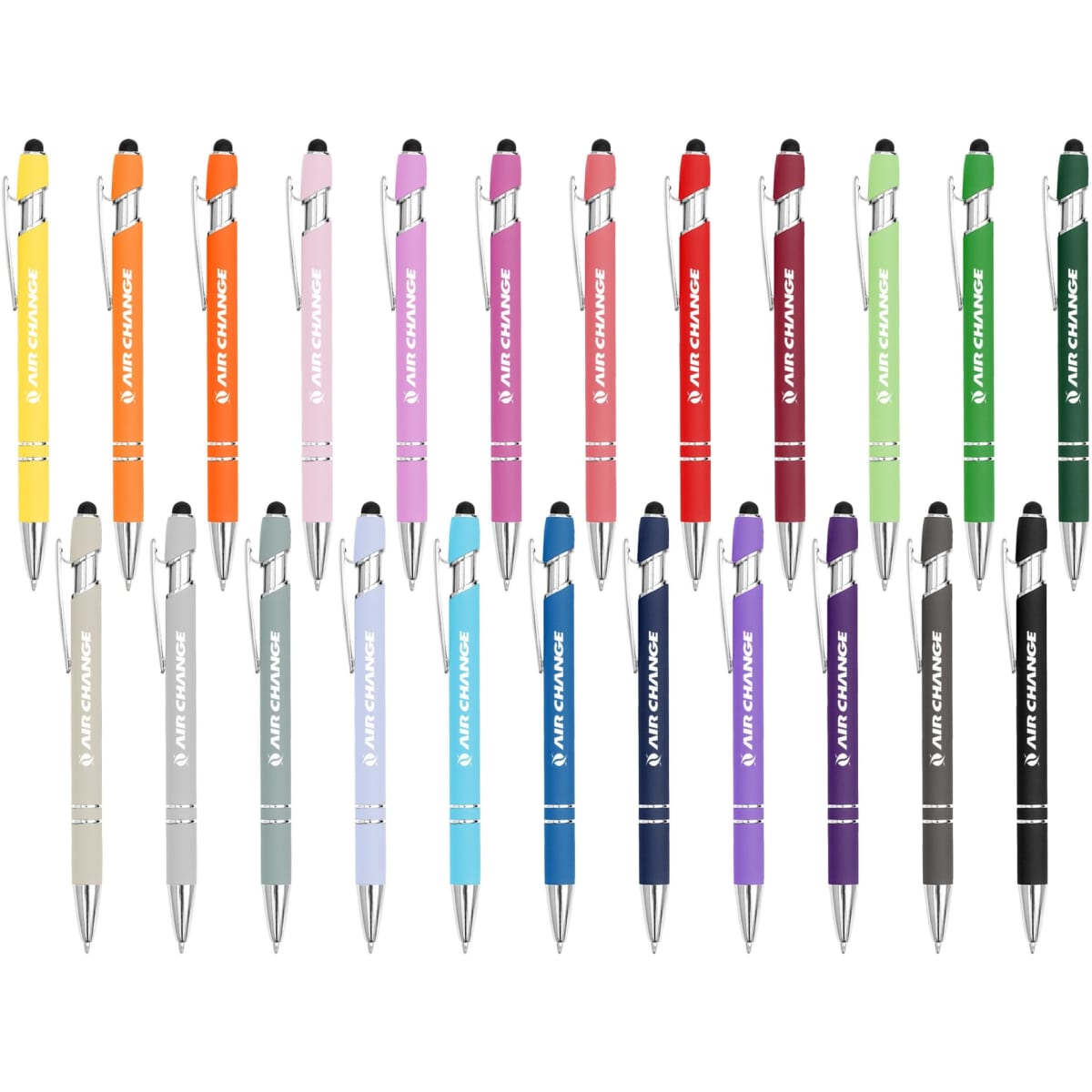 A collection of Colombo Stylus Pens in various colours, featuring a sleek design and an attached stylus tip.