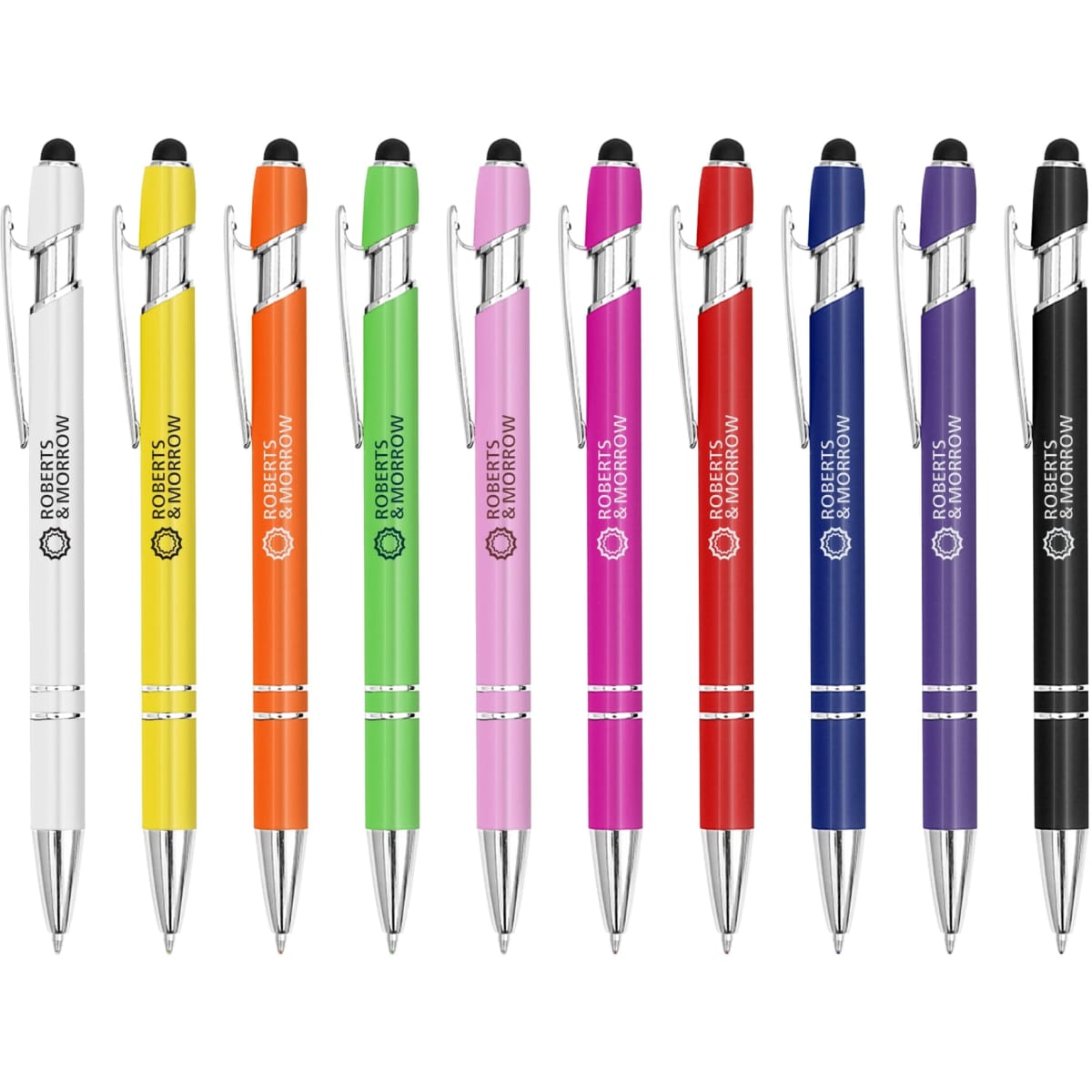 A set of stylus pens in various colours including white, yellow, orange, pink, purple, and black, featuring branding.
