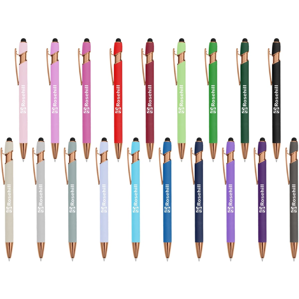 A collection of stylus pens in various colours like pink, red, green, and blue, featuring rose gold accents and branding.