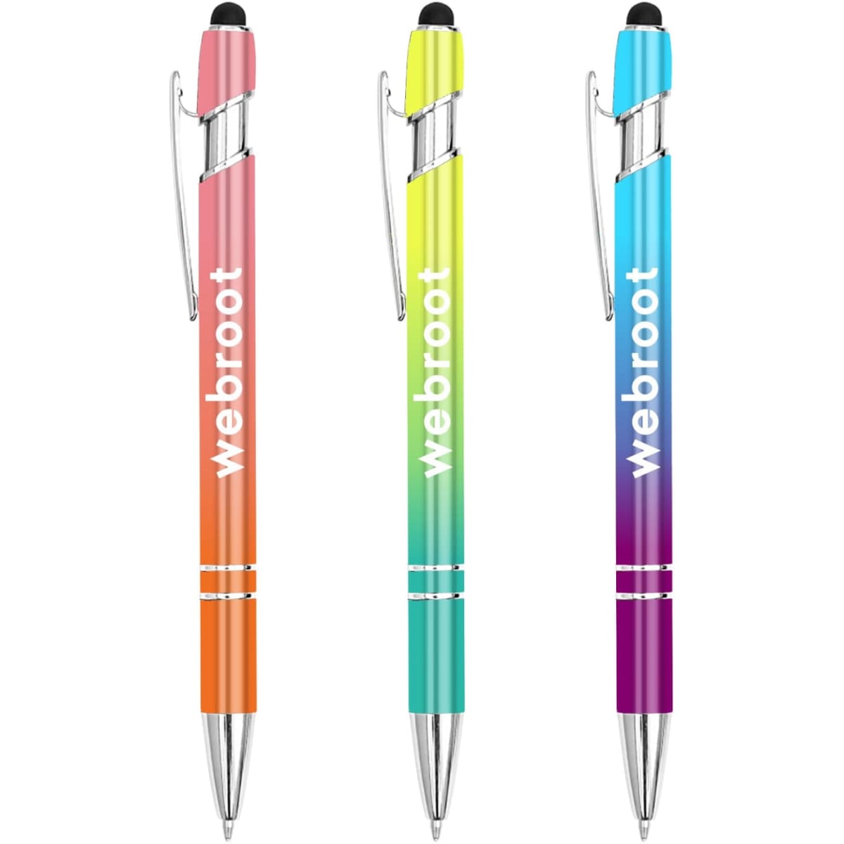 A set of three stylus pens in pink, green, and blue, featuring a logo on each pen.