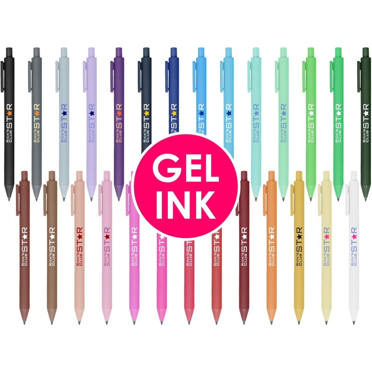 A collection of Virgo Gel Ink Pens in various colours, featuring a mix of vibrant and muted tones with a logo.