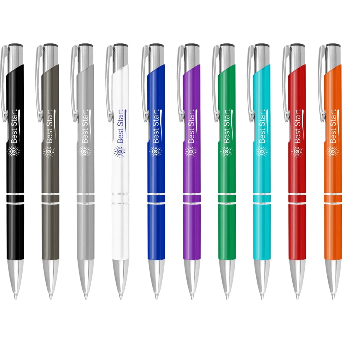 A collection of ten metal pens in various colours, including black, grey, white, blue, green, and orange, with branding.