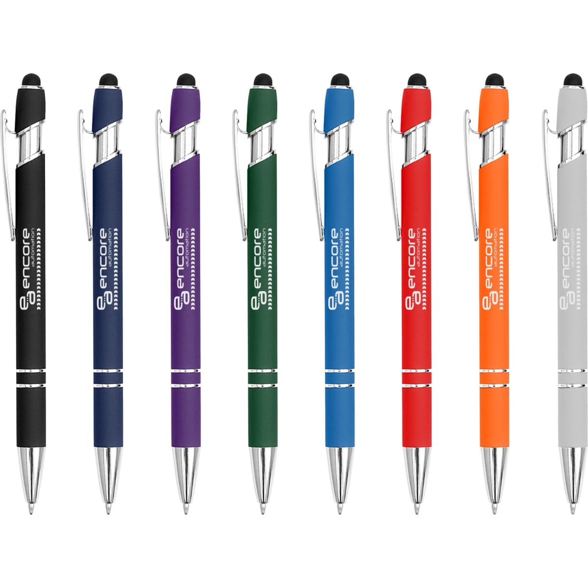 A collection of Colombo Stylus Pens in black, purple, blue, green, red, orange, and silver, each featuring a logo.