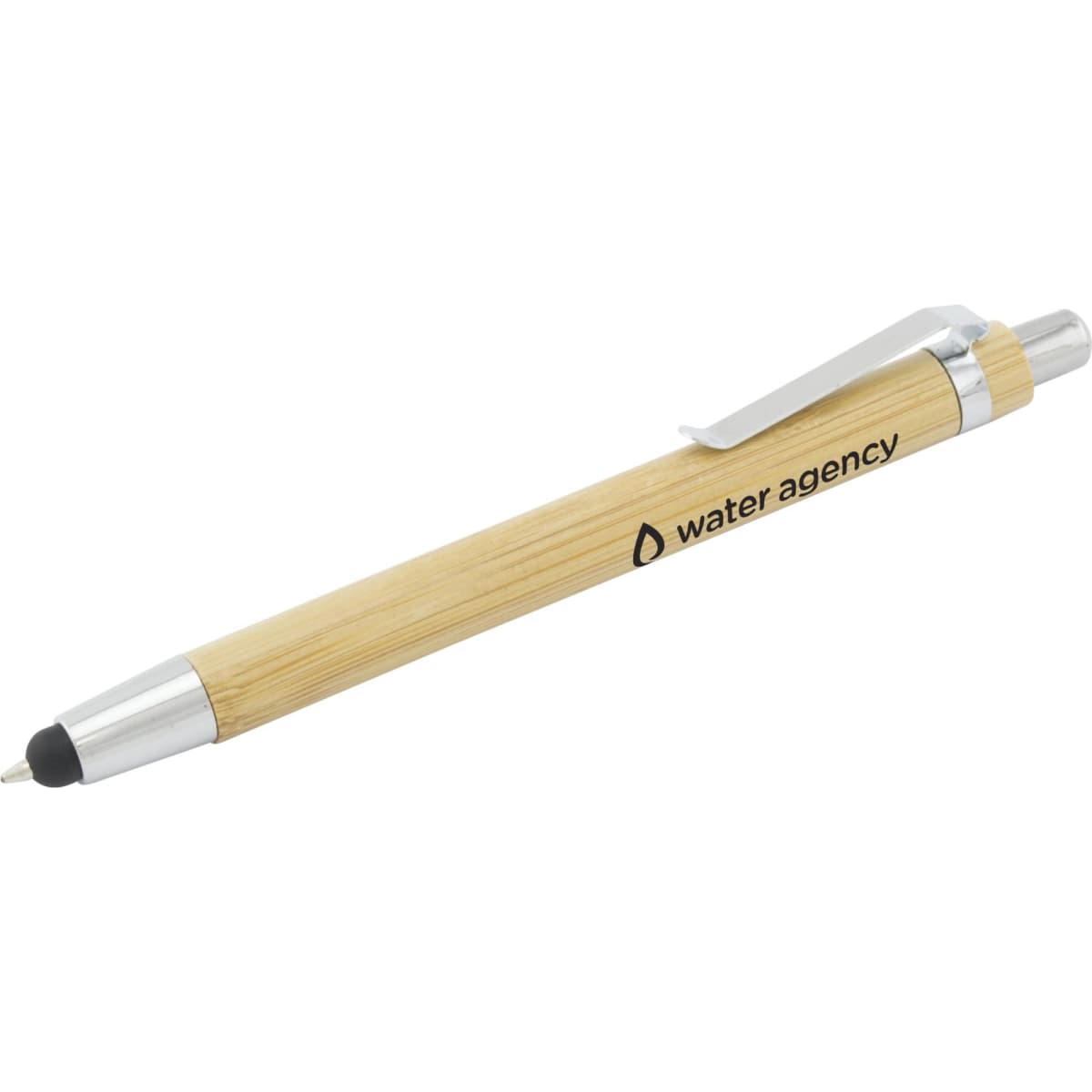 A bamboo pen with a silver clip and tip, featuring a logo on the barrel.