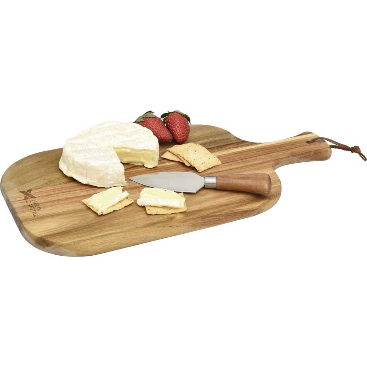 A wooden cheese board featuring a wedge of brie cheese, crackers, strawberries, and a stainless steel cheese knife.