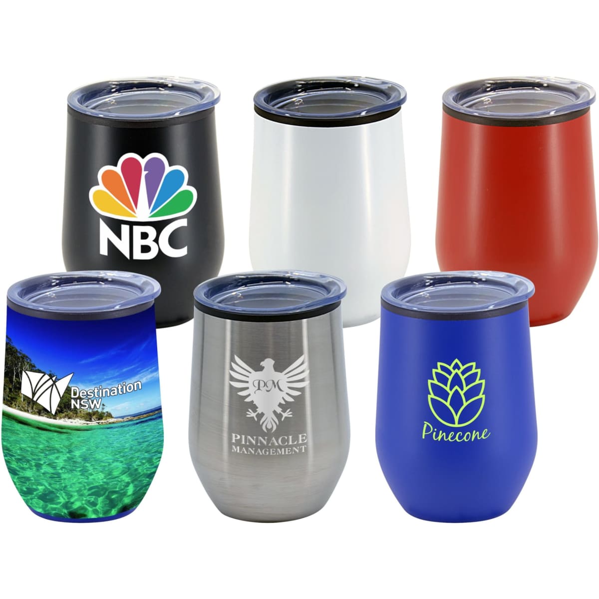 A collection of six travel mugs in various colours: black, white, red, blue, silver, and a design featuring a tropical scene.