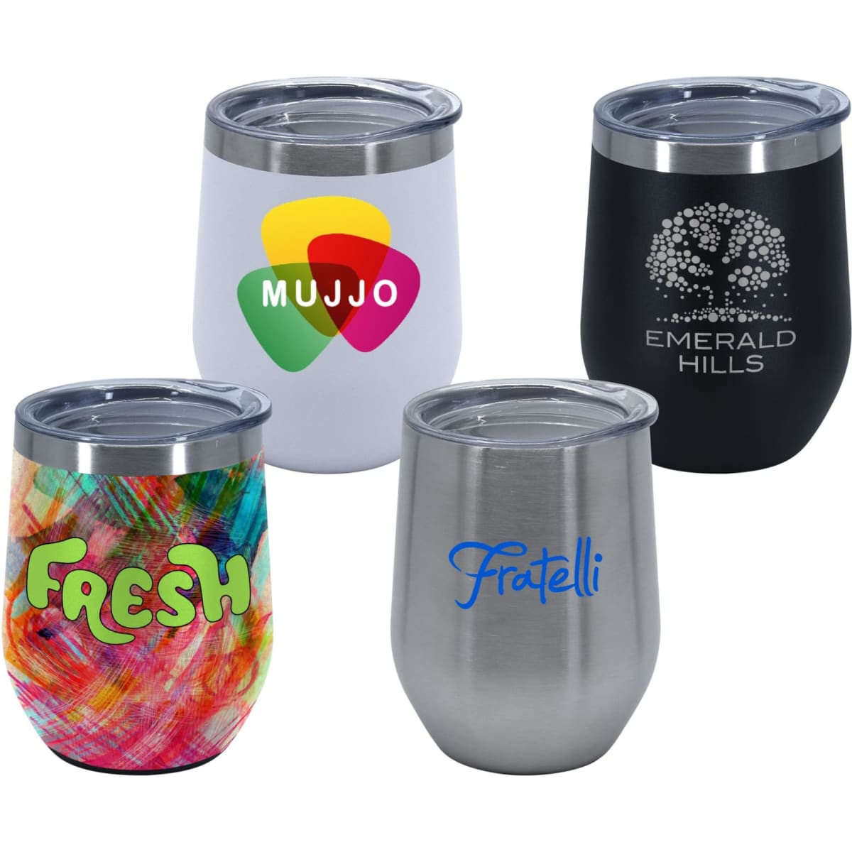 A set of four travel mugs in white, black, stainless steel, and colourful designs, each with a lid and branding.