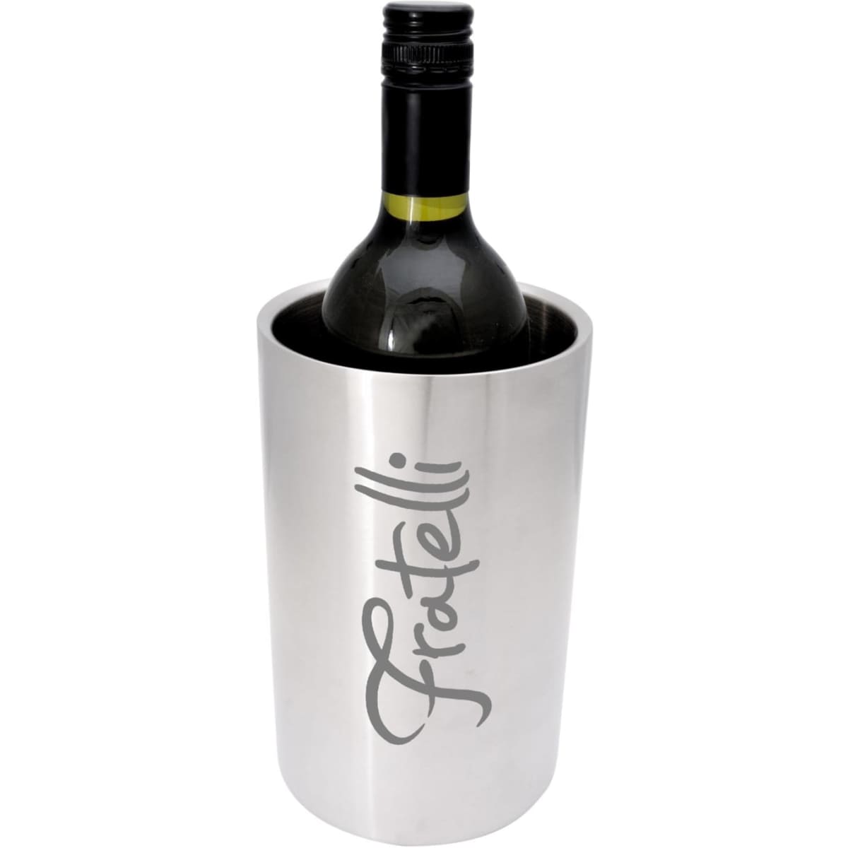 A drink bottle chiller in silver featuring a sleek design and a logo on the front.