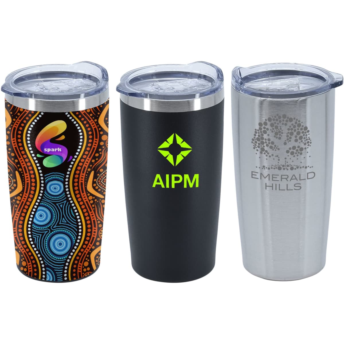 A drink bottle set featuring a patterned design, a matte black mug, and a stainless steel mug, all with lids.