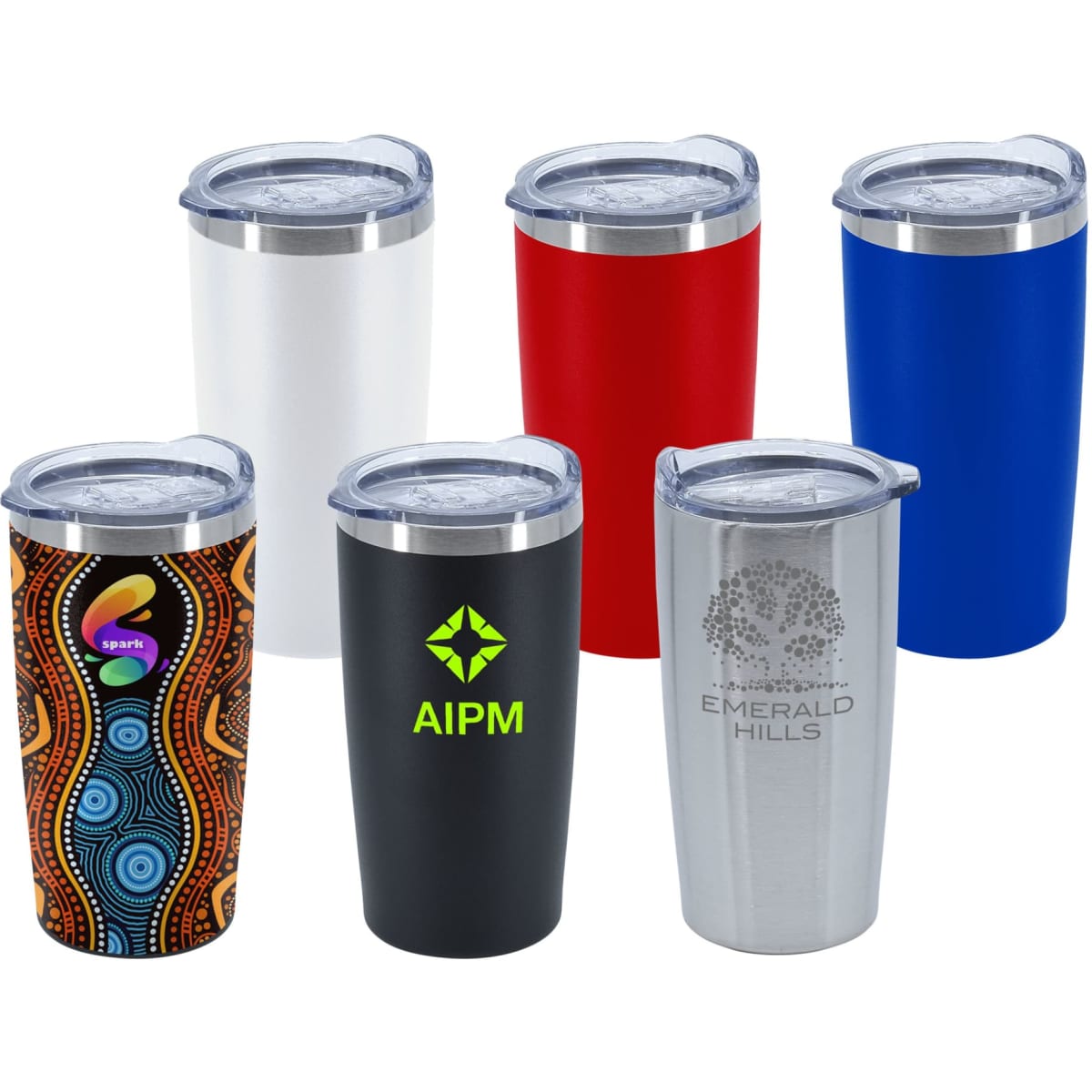 A set of six travel mugs in various colours including white, red, blue, silver, black, and a patterned design. Each mug has a lid and one contains a logo.