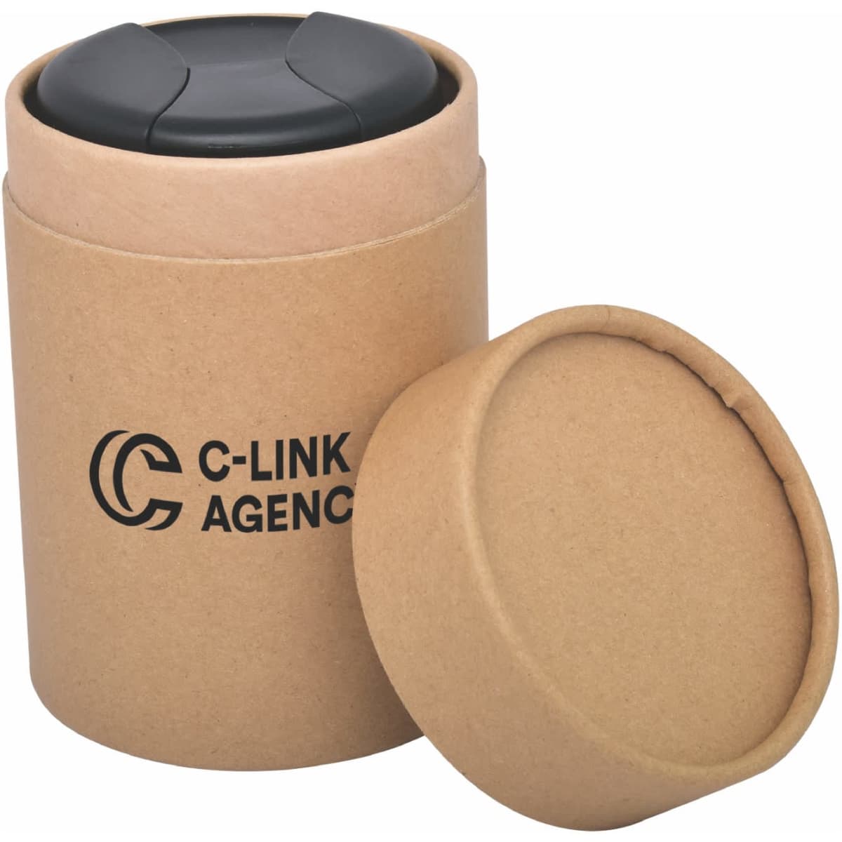 A cylindrical kraft tube with a black lid, designed for packaging a writing pen. It features a logo.