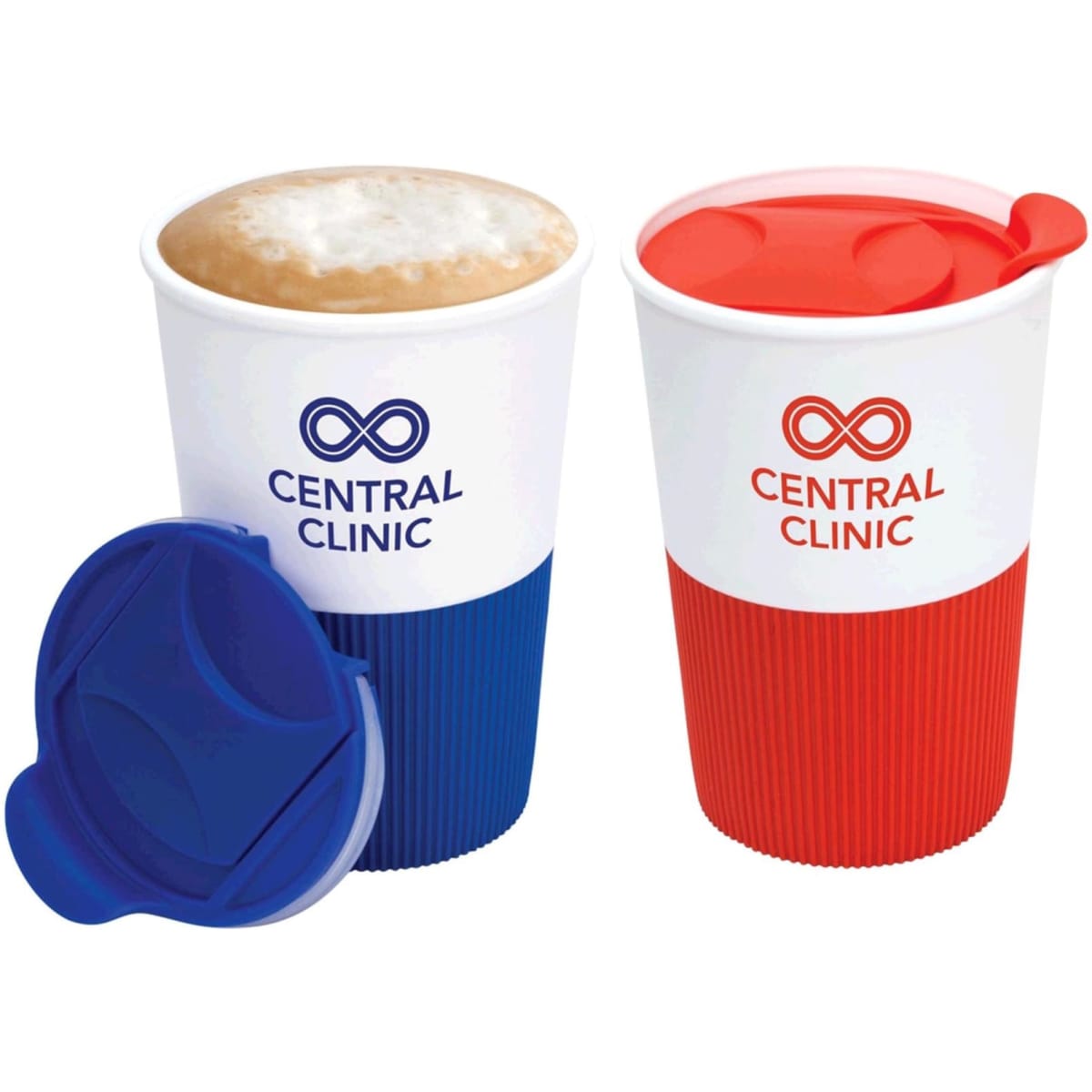 A coffee mug with a white body and coloured silicone sleeves, featuring blue and red options, each with a lid.