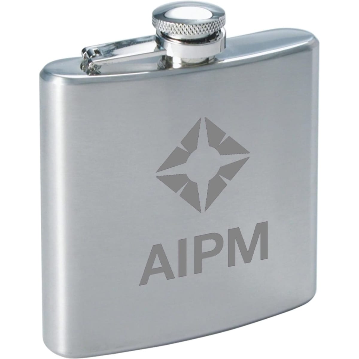 A drink bottle in stainless steel with a sleek design and a logo on its surface.