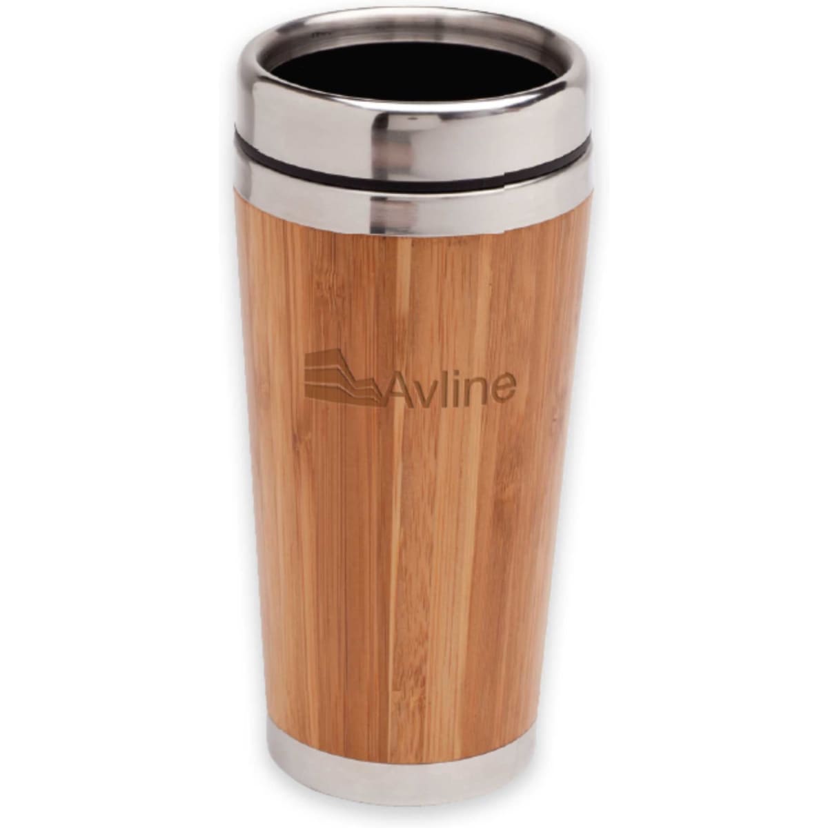 A bamboo travel mug with a stainless steel rim, featuring a logo. The mug has a natural wood finish.