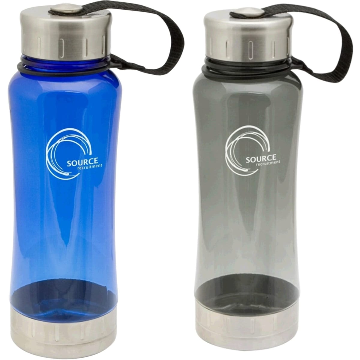 A drink bottle set featuring a blue bottle and a grey bottle, both with metal caps and a logo.