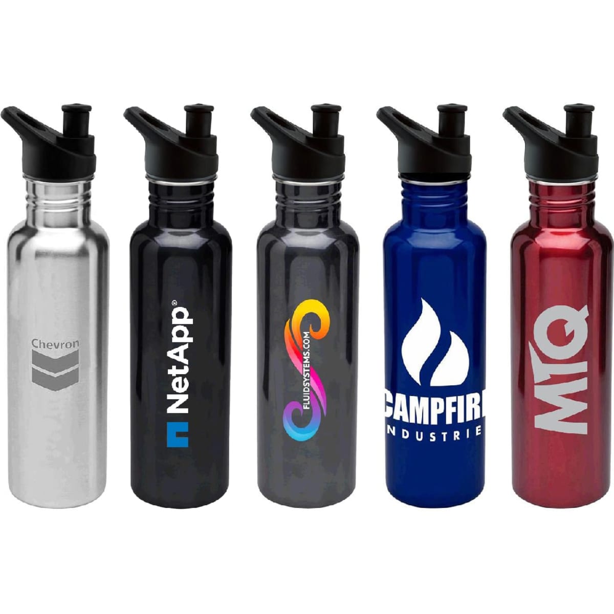 A drink bottle collection featuring stainless steel in silver, black, blue, red, and a custom logo on each.