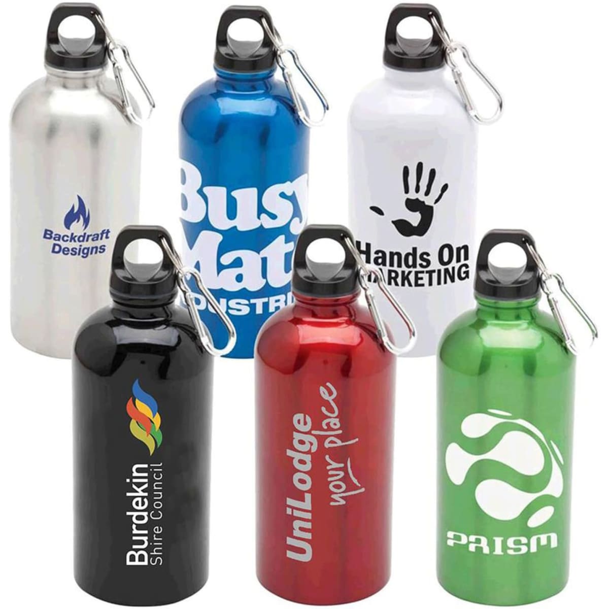A drink bottle collection featuring stainless steel and aluminium options in silver, blue, red, black, and green, each with a logo.