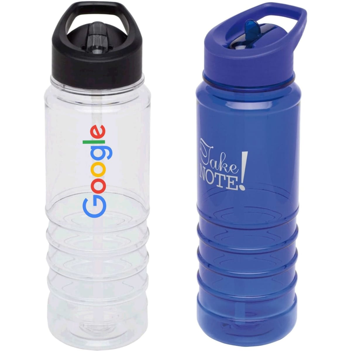 A drink bottle in clear plastic with a black lid, and a blue drink bottle with a black lid, featuring a logo.
