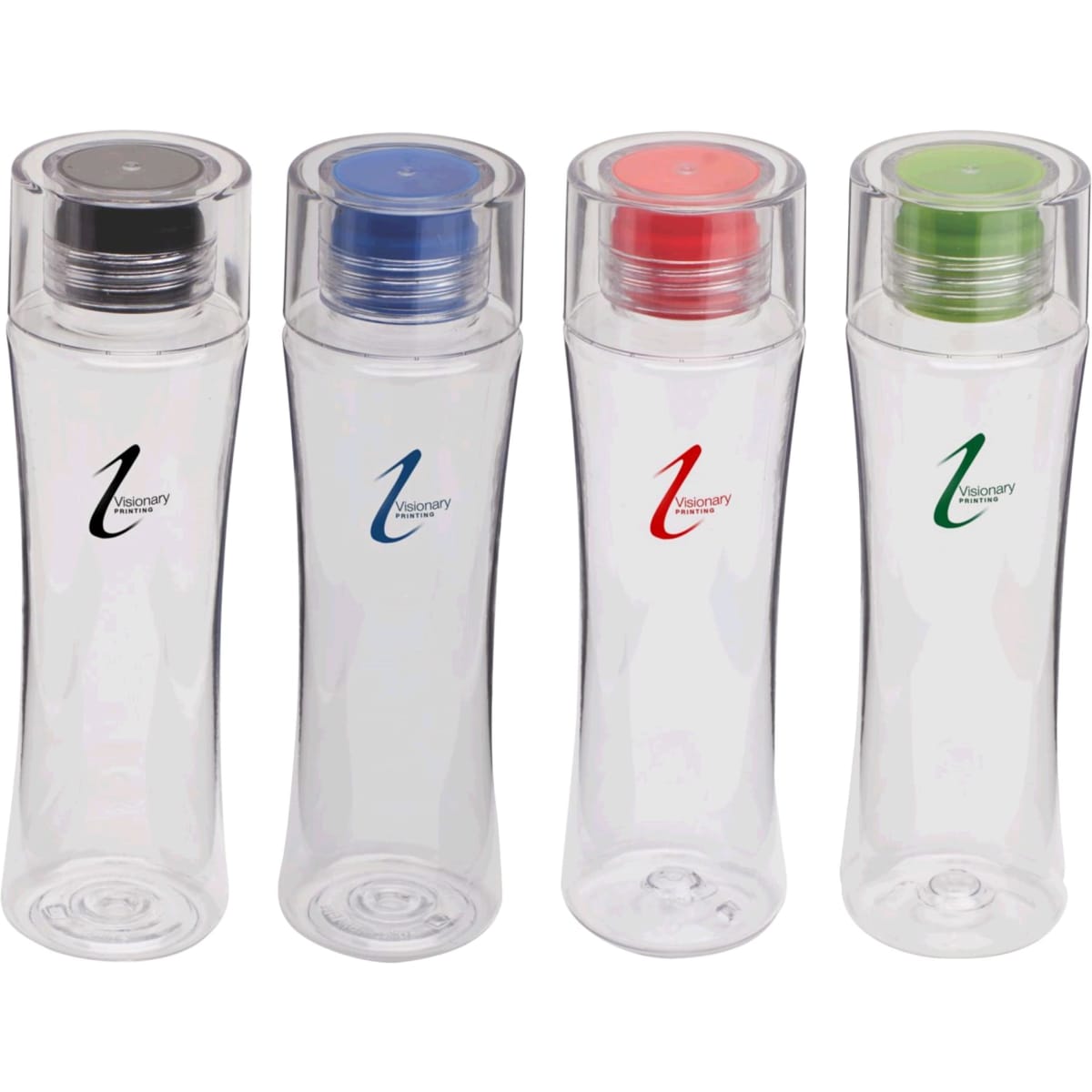 A drink bottle set featuring transparent designs with black, blue, red, and green lids, each with a logo.