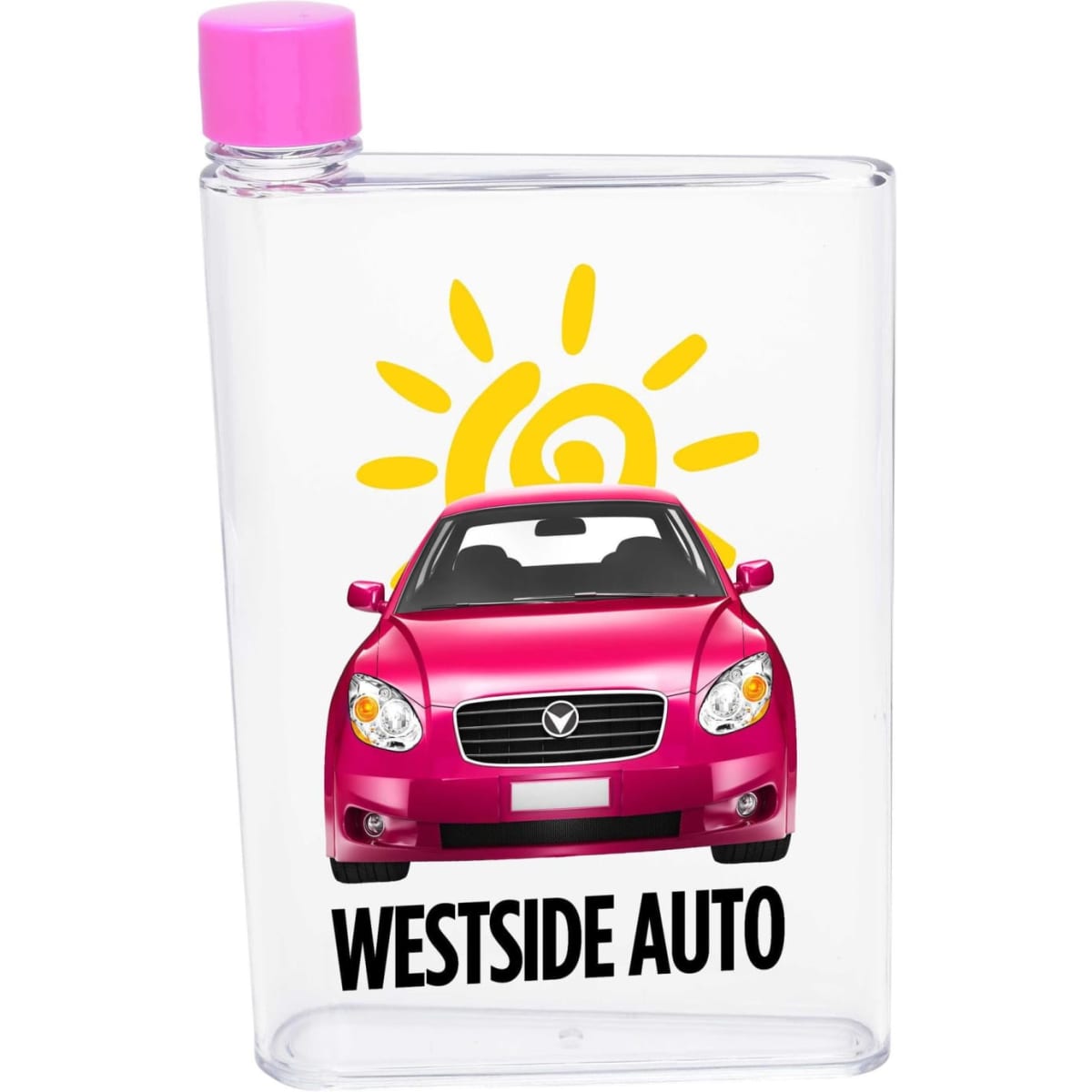 A drink bottle in a clear design featuring a pink car illustration and a pink cap. It has a logo on the front.