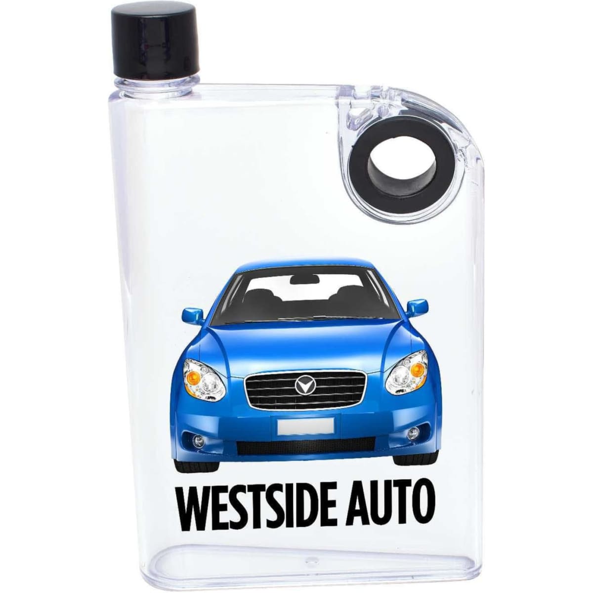 A drink bottle in clear plastic with a black lid and a design featuring a blue car and logo.