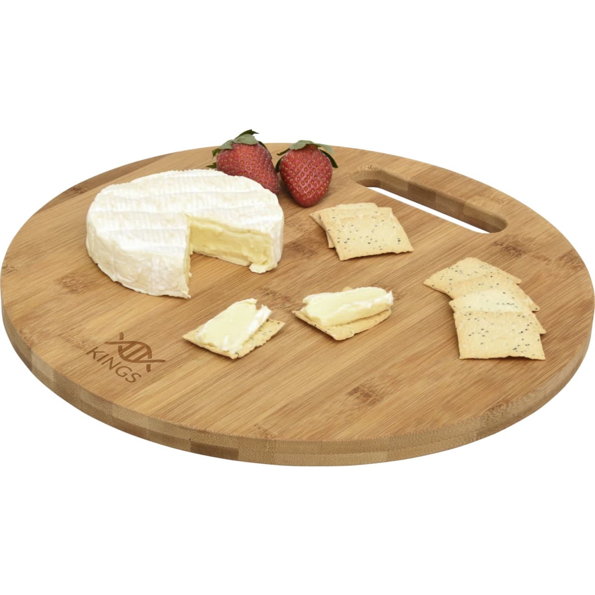 A round bamboo cheese board featuring a wedge of Brie, crackers, and strawberries, with a branded logo.