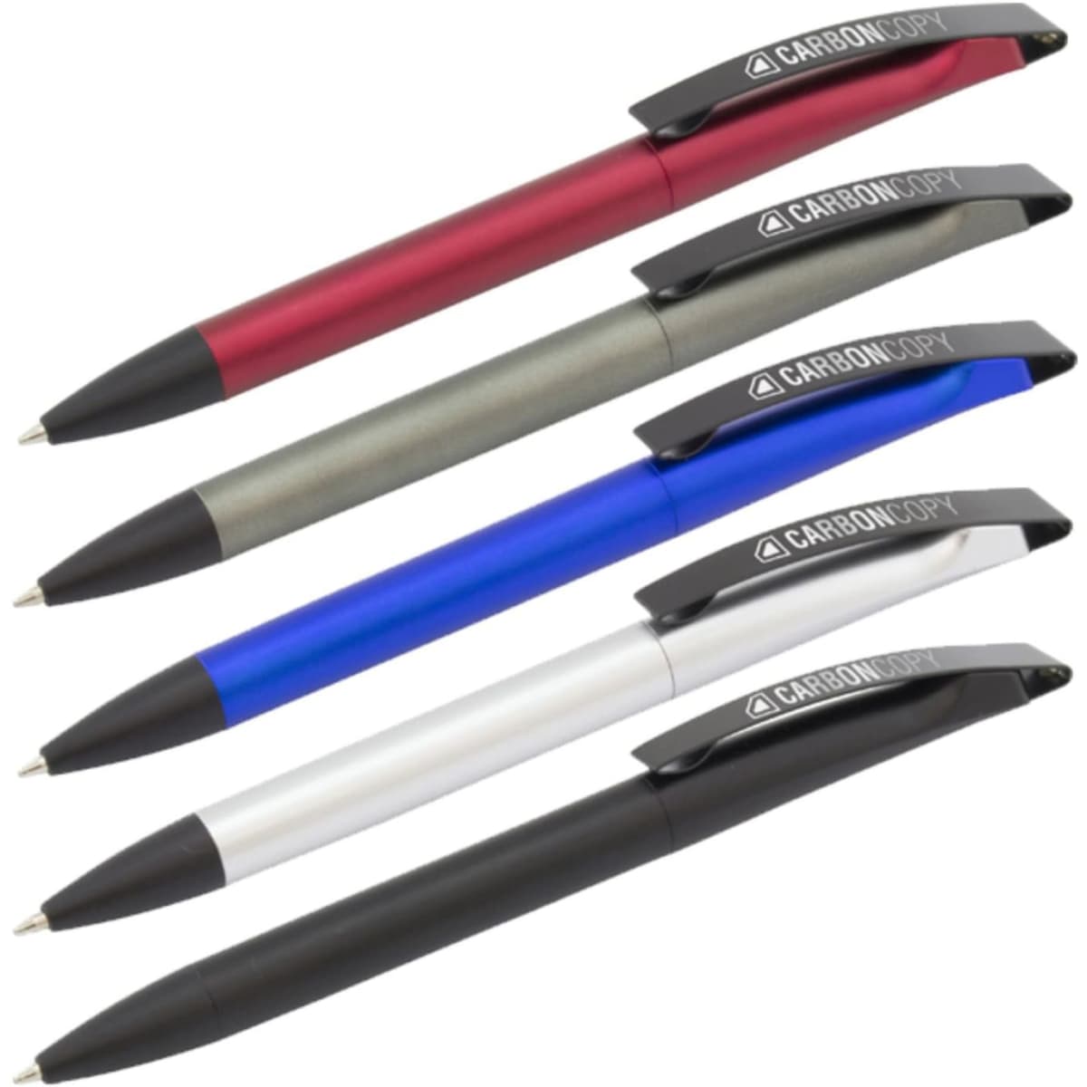A collection of five plastic pens in red, grey, blue, silver, and black, each with a logo on the clip.