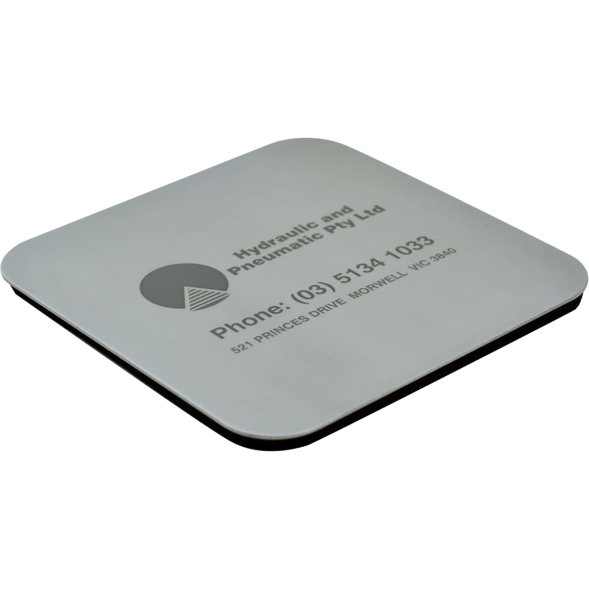 A square metallic coaster featuring a logo and contact information, with a black underside.