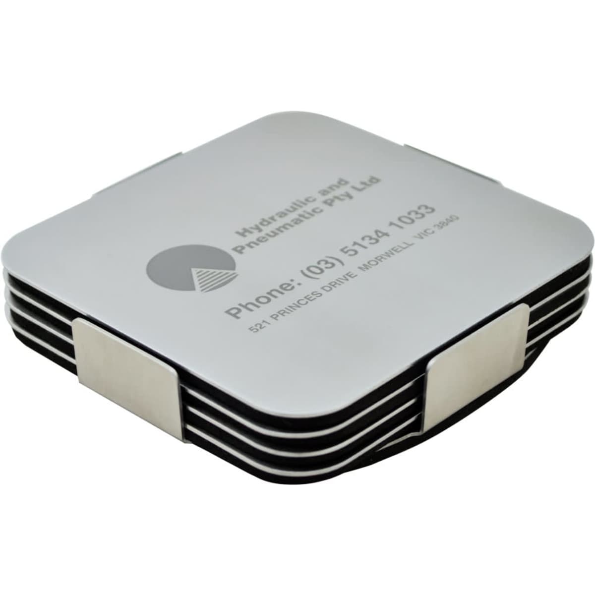 A set of silver coasters stacked together, featuring a sleek design with a logo and contact information.