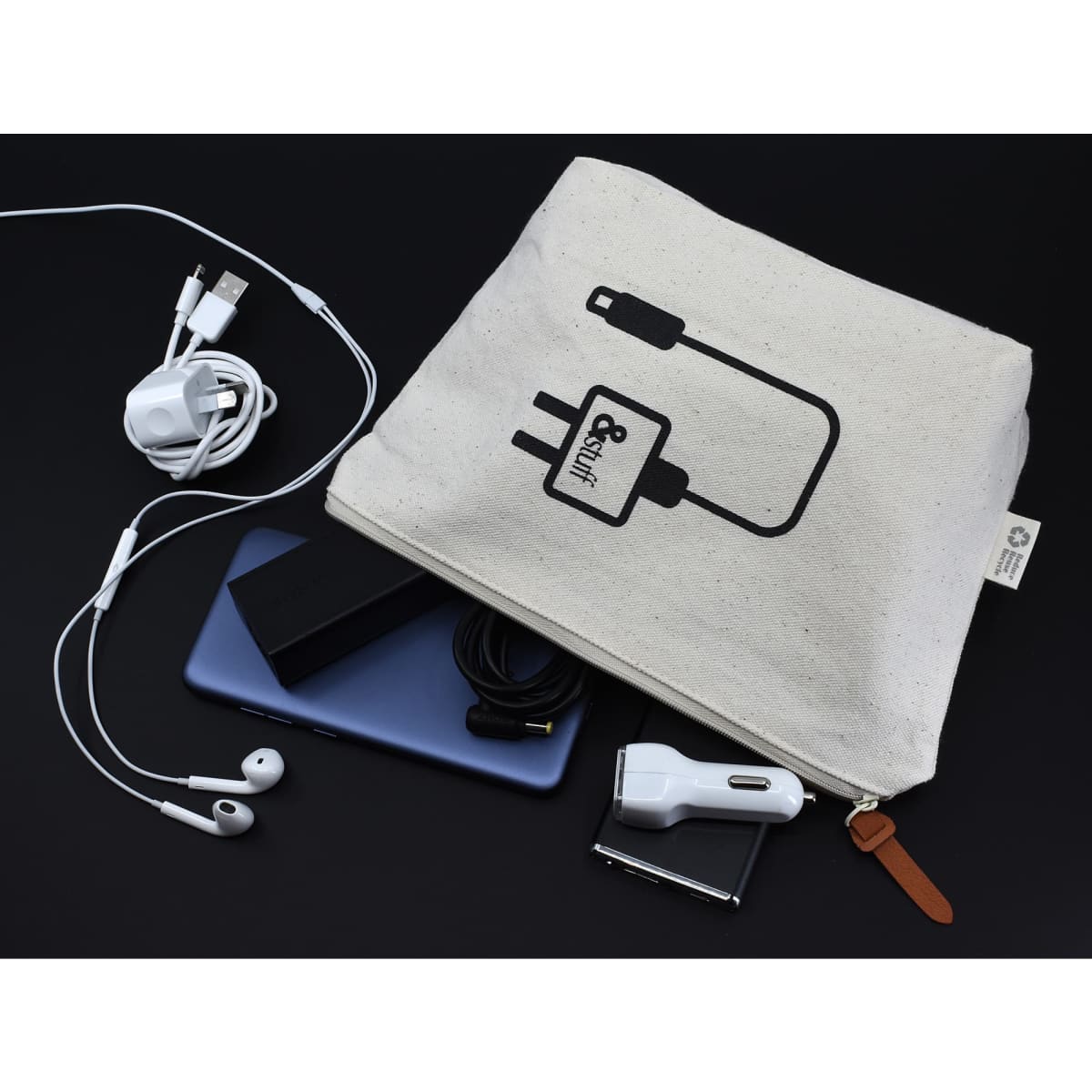 A cream-coloured tech pouch with various gadgets inside, including earphones, chargers, and a smartphone.