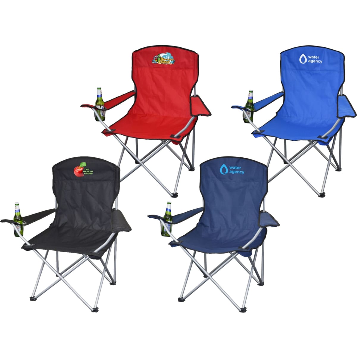 A set of four folding outdoor chairs in red, blue, black, and navy, each with a drink holder and logos.