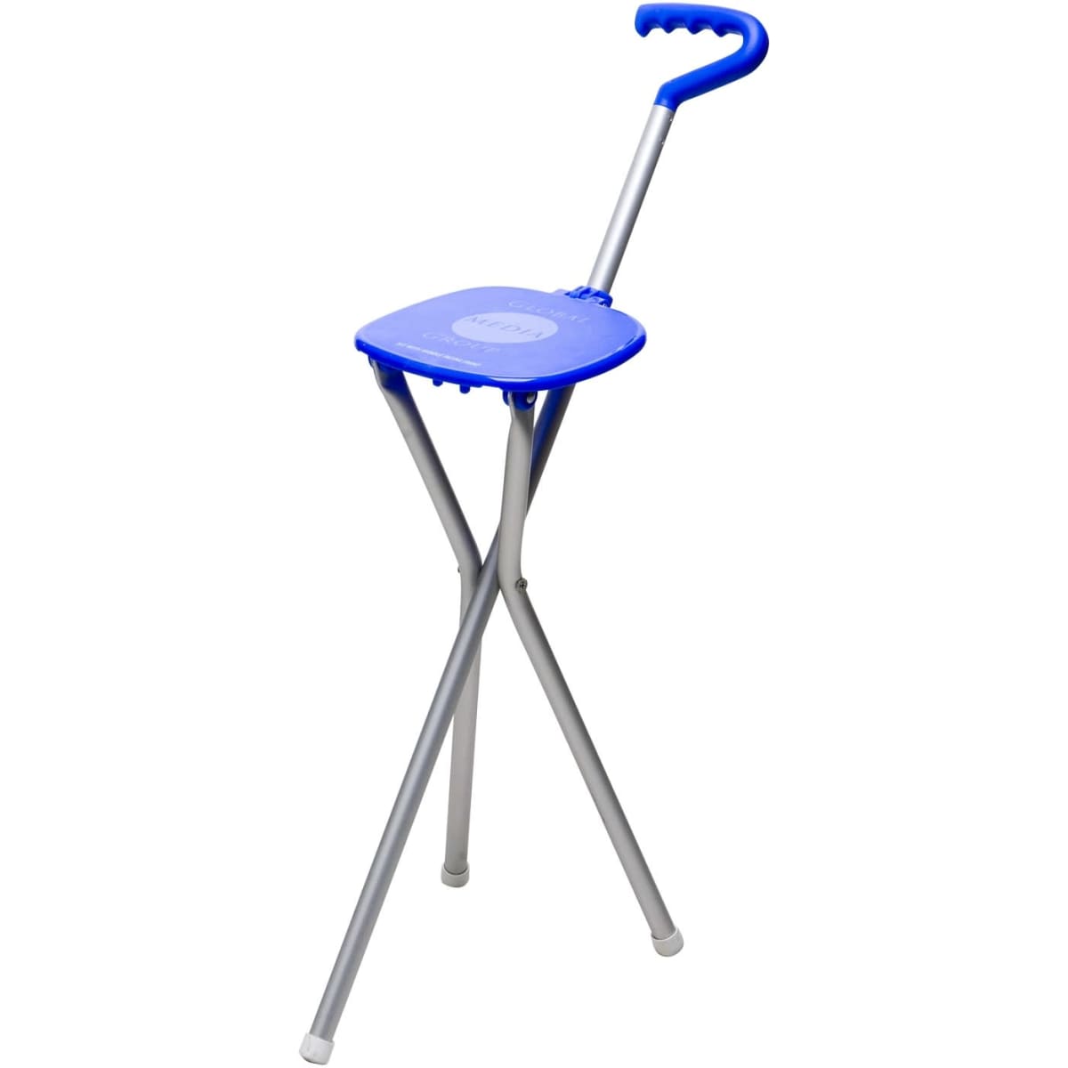 A blue folding seat with a handle, featuring a metallic frame and a compact design. It has a logo on the seat.
