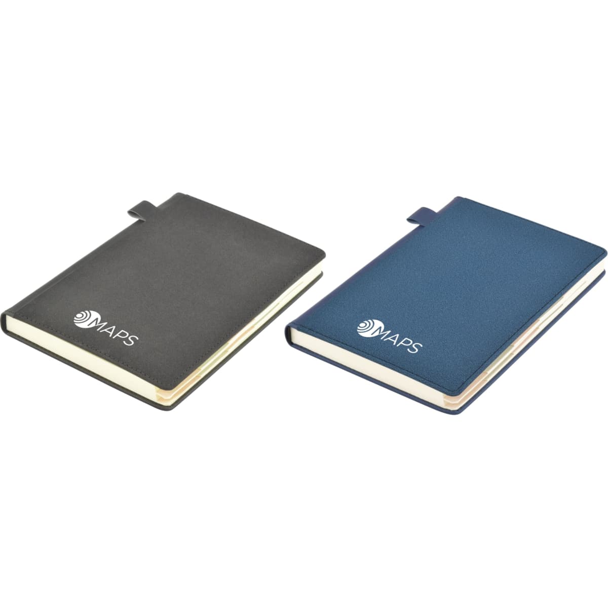 Two Tab Deluxe A5 Notebooks in grey and navy, featuring a logo on the cover. Both have a sleek design with a closure.