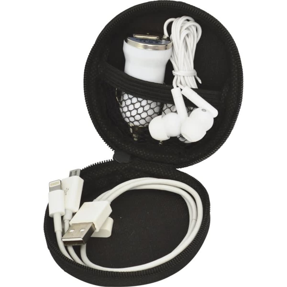 A black zippered case containing white earphones, a USB cable, and a charger.