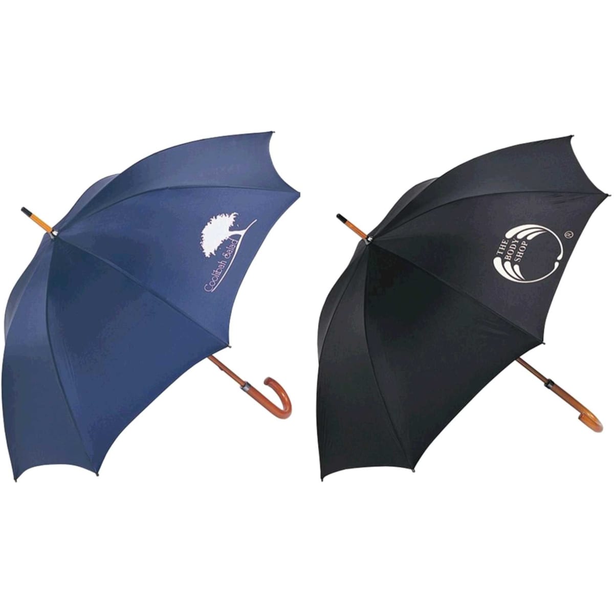 Two umbrellas are displayed, one in navy blue with a logo and the other in black with a logo, both featuring a curved handle.