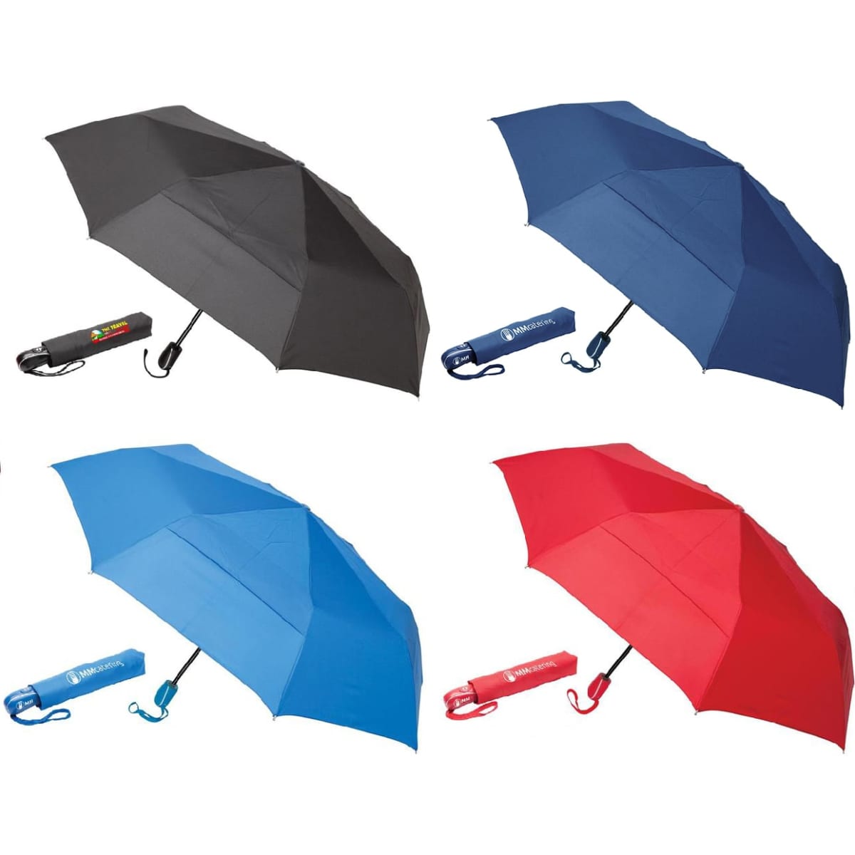A collection of four umbrellas in black, navy blue, light blue, and red, each with a matching branded sleeve.