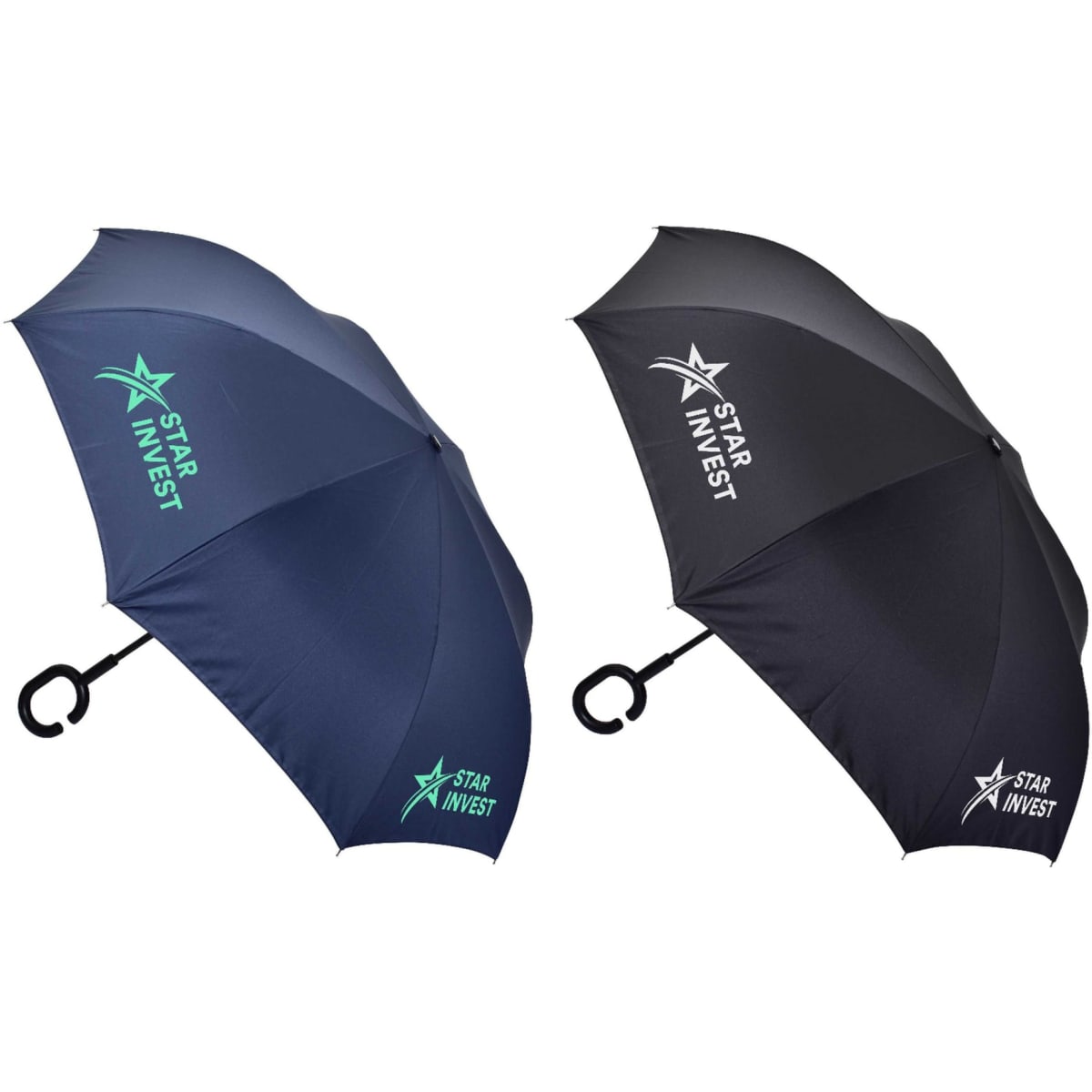 A navy and black inverter umbrella with a C handle, featuring branding on both canopies.