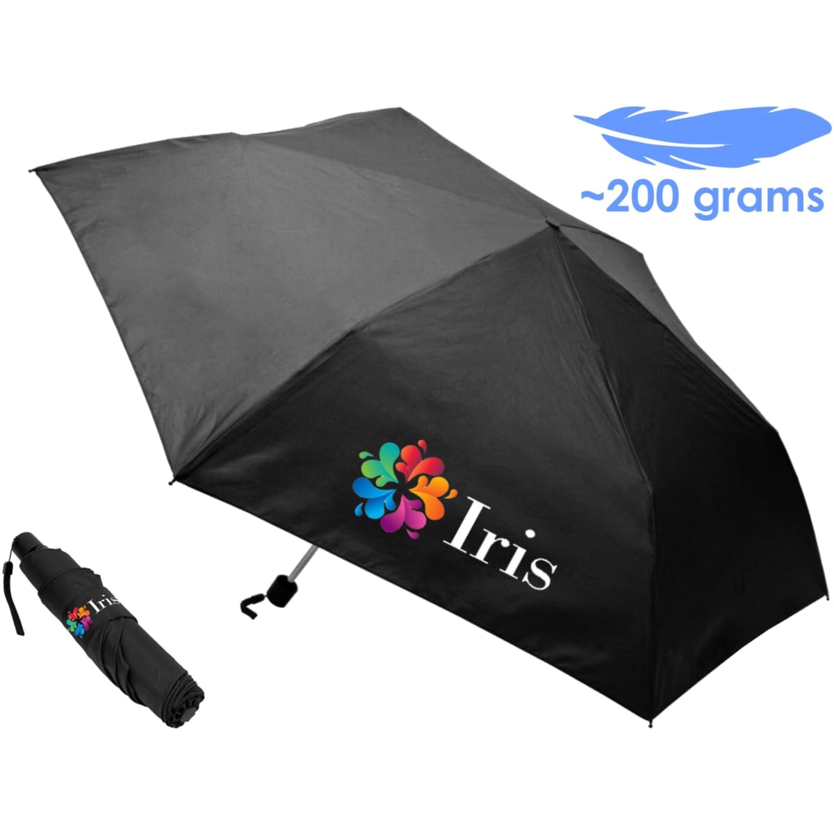 A black pocket umbrella with a floral logo and a compact design for easy storage. Weighs approximately 200 grams.