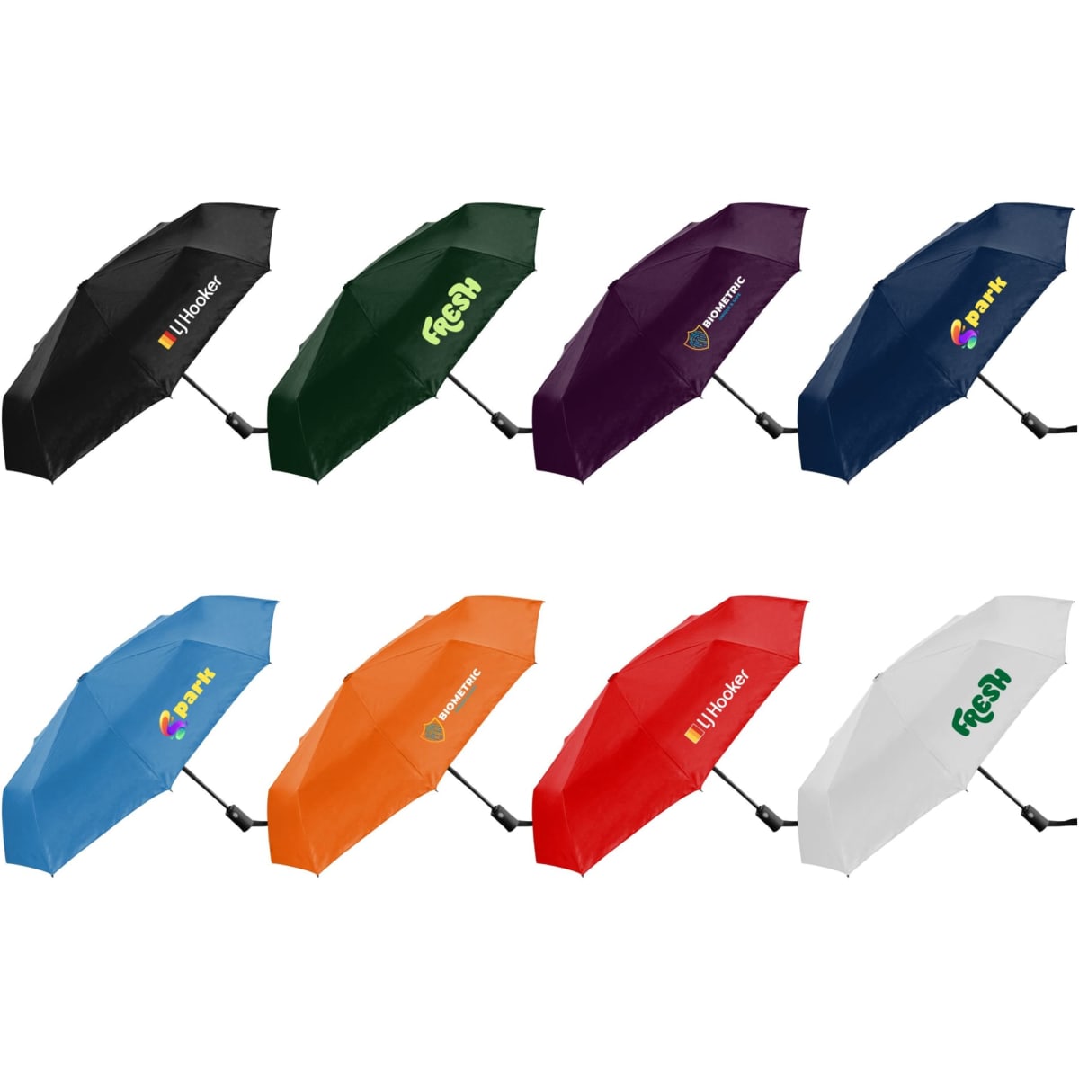 A collection of Como Fold-Up Umbrellas in black, green, purple, navy, orange, and white, featuring various logos.