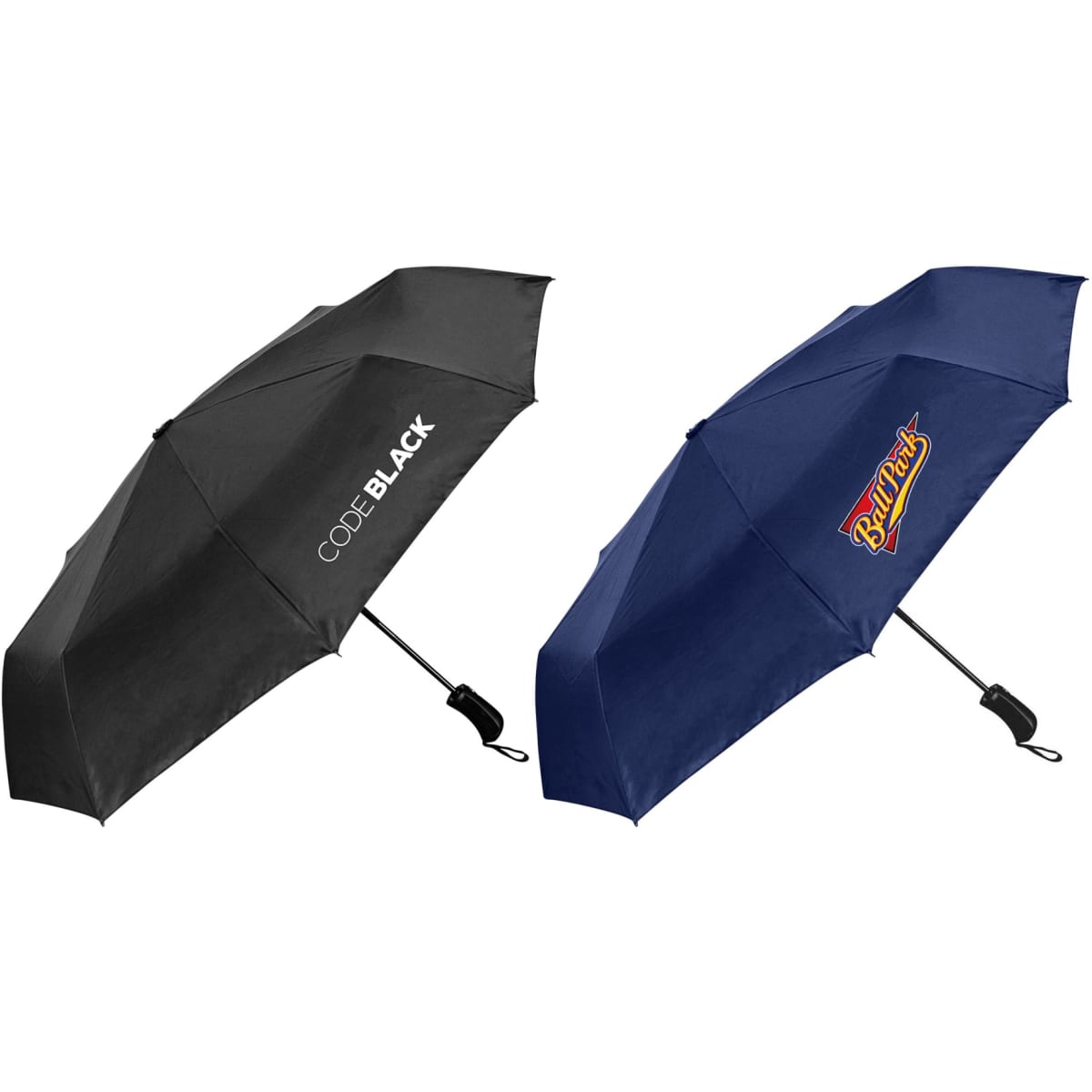A fold-up umbrella in black and navy blue, featuring a logo on each side. Made from RPET material.