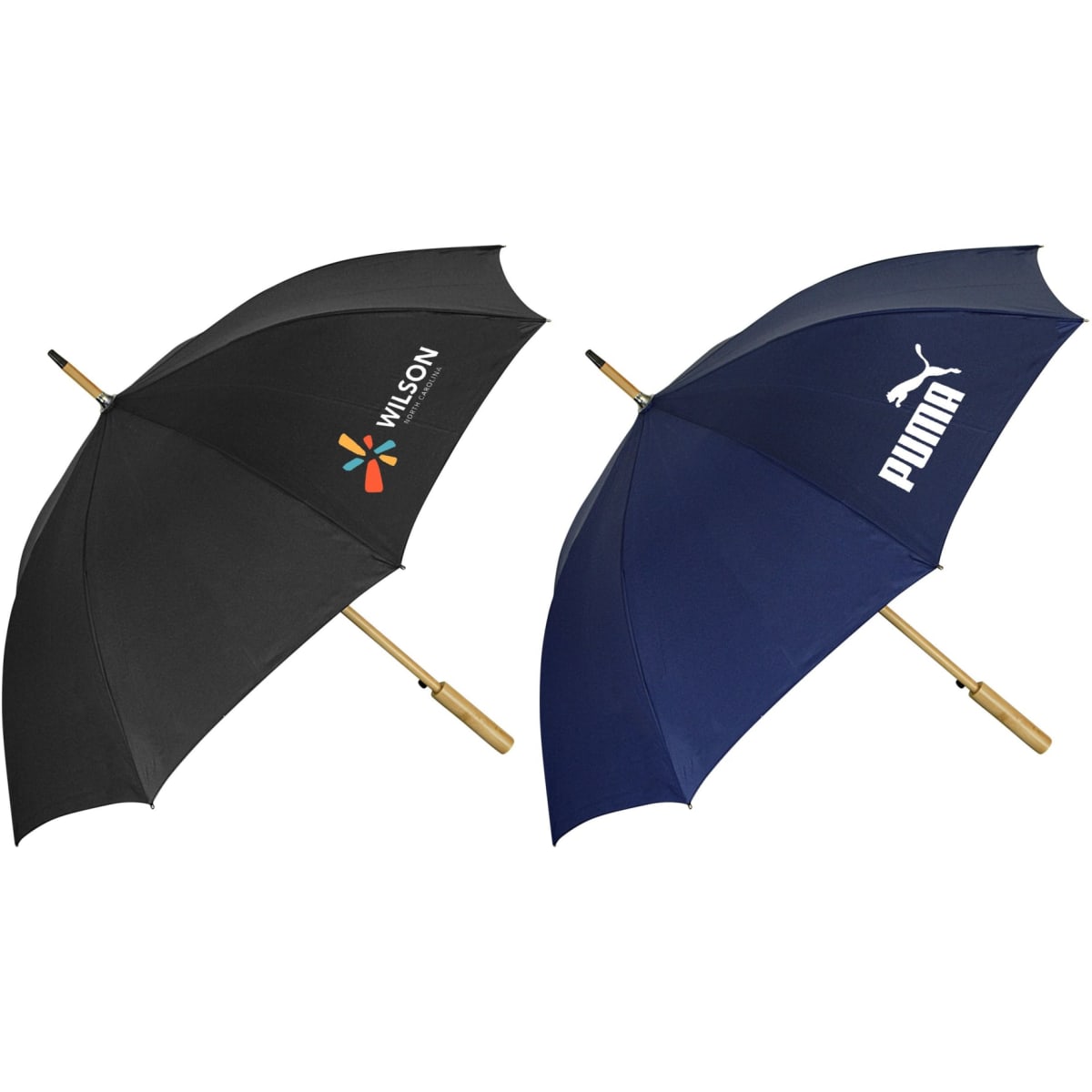 A black and a navy RPET umbrella with wooden handles, each featuring a logo.