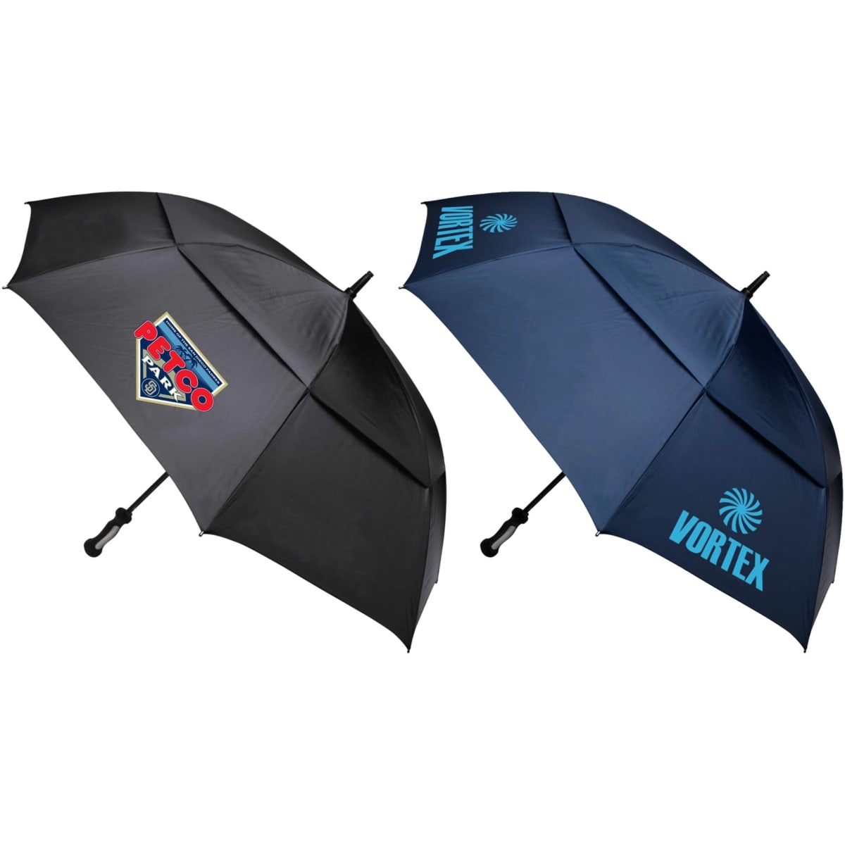 A black and navy golf umbrella featuring a logo, with a sleek, dual-panel design.