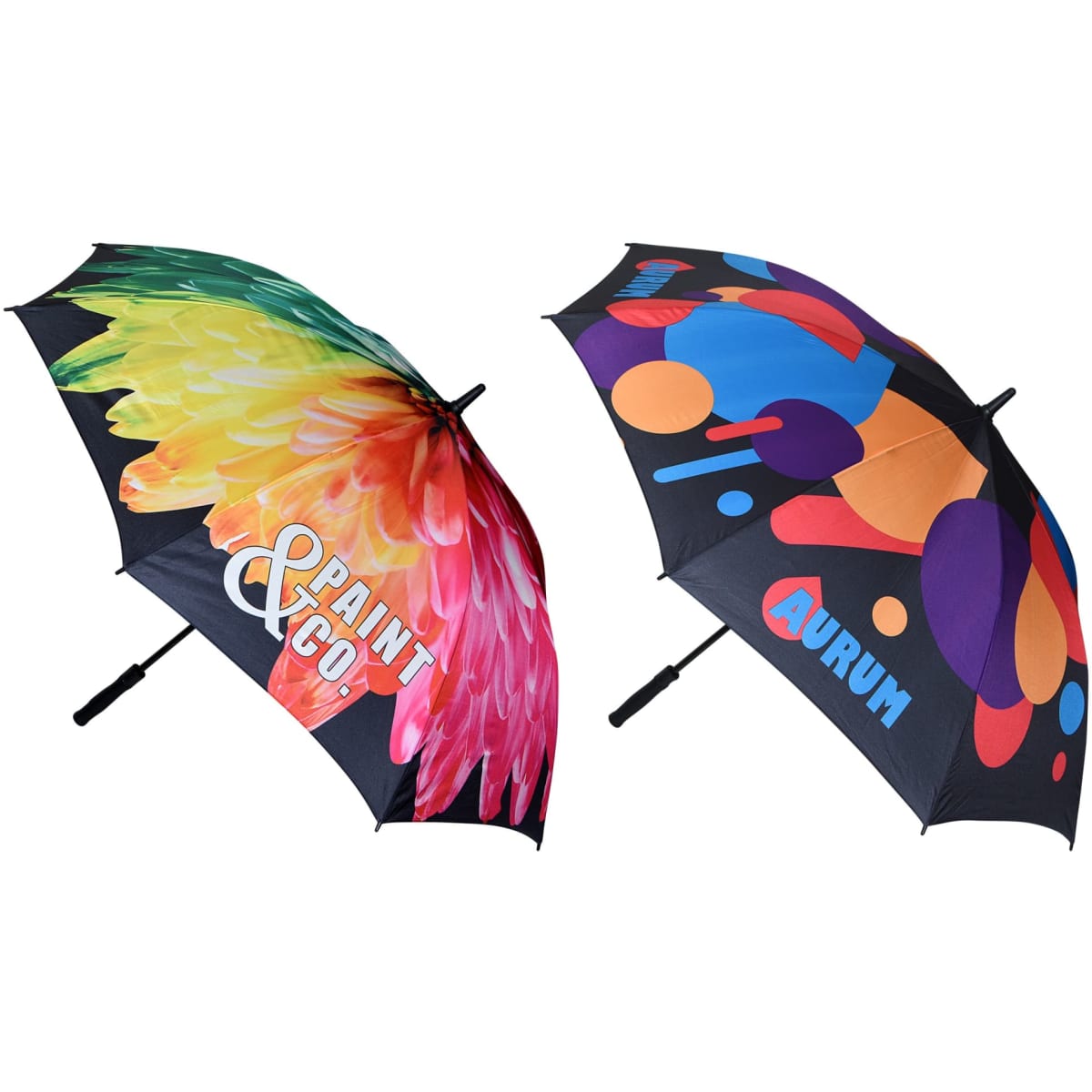A golf umbrella featuring a vibrant floral design in multiple colours on one side and bold geometric shapes on the other.