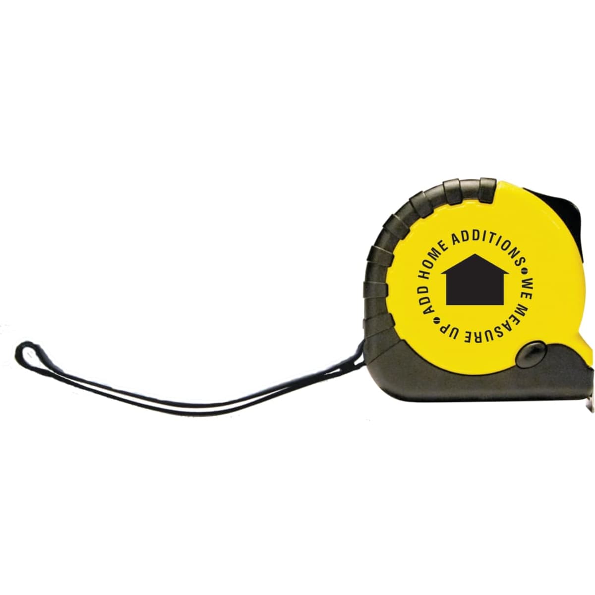 A yellow tape measure with a black casing and a logo, featuring a retractable mechanism and a hand strap.